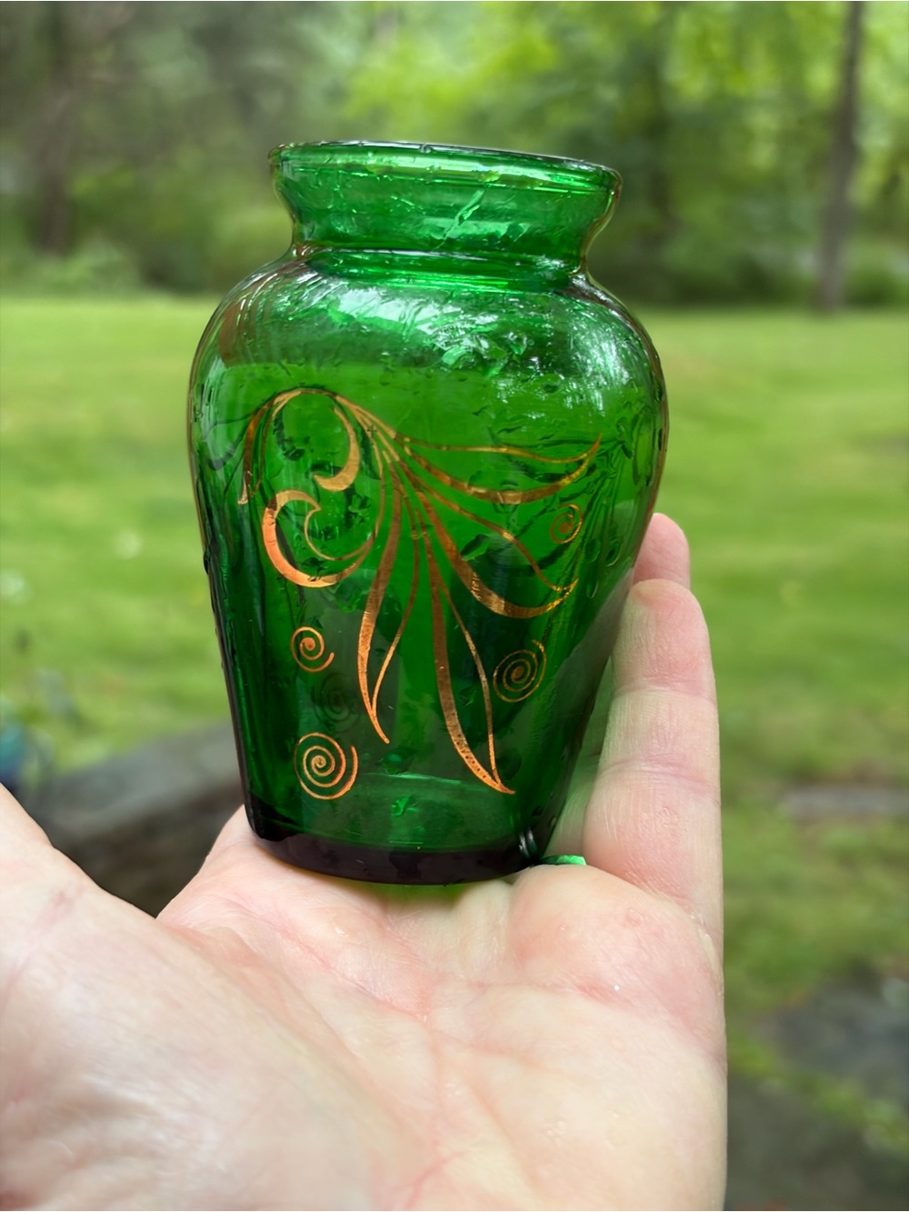 Petite Green Glass Vase with Hand Painted Gold Detail Anchor Hocking VTG 3.75"